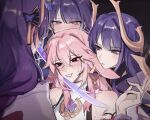  4girls animal_ears black_eyes blush commentary drooling fox_ears genshin_impact heart heart-shaped_pupils highres horns mole mole_under_eye multiple_girls multiple_persona musou_isshin_(genshin_impact) nonons pink_hair purple_eyes purple_hair raiden_shogun raiden_shogun_(magatsu_mitake_narukami_no_mikoto) sword_to_throat symbol-shaped_pupils twitter_username yae_miko yuri 