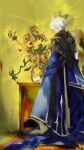  1boy antenna_hair armor artist_name black_shirt blue_cape cape carpet chest_of_drawers coat commentary faceless faceless_male flower from_behind full_body highres honkai:_star_rail honkai_(series) indoors jar long_sleeves male_focus naka_gome1119 phainon_(honkai:_star_rail) shadow shirt short_hair shoulder_armor solo standing sun_symbol sunflower untranslatable_commentary white_coat white_hair yellow_flower 
