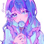  1girl alternate_hair_length_(longer) animal-themed_food artist_name asymmetrical_bangs bloom_festival_(project_sekai) blue_eyes blue_hair blush bow braid braided_bangs candy colorful commentary cool_colors covered_mouth dress english_commentary food frilled_dress frills gem hair_bow highres holding holding_candy holding_food holding_lollipop kiritani_haruka lollipop long_hair official_alternate_costume official_alternate_hairstyle pearl project_sekai simple_background solo upper_body white_background white_bow white_dress yoinade 