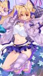  1girl animal_ear_fluff animal_ears antenna_hair arcueid_brunestud belt blonde_hair blue_bow blue_flower blue_moon blue_skirt blush bow breasts cat_ears cat_girl cleavage commentary_request crescent crescent_hair_ornament crop_top fate/grand_order fate_(series) field fingerless_gloves floating floating_clothes floating_hair flower flower_field full_body gloves gold_trim grin hair_between_eyes hair_bow hair_ornament hairclip hands_on_headphones headphones headset highres hood hoodie kandatu leg_lift leg_warmers looking_at_viewer midair miniskirt moon navel no_shoes open_clothes open_hoodie phantas-moon phantas-moon_(second_ascension) plaid_clothes plaid_skirt purple_gloves purple_hoodie purple_leg_warmers purple_thighhighs red_eyes shirt sidelocks simple_background single_hair_intake skirt smile solo striped_clothes striped_gloves striped_thighhighs thighhighs thighs toes white_belt white_shirt 