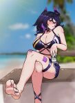  1girl absurdres arm_tattoo bandaid bandaid_on_face bandaid_on_leg bandaid_on_nose barefoot beach bikini black_hair black_nails breasts can choker cleavage colored_inner_hair crossed_legs demon_girl demon_horns feet highres holding holding_can horns indie_virtual_youtuber large_breasts looking_at_viewer medium_hair multicolored_hair nail_polish outdoors purple_bikini purple_hair purple_horns rainhoe shorts sitting soles solo striped_bikini striped_clothes sweat swimsuit tattoo thigh_strap thighs toenail_polish toenails toes virtual_youtuber yellow_eyes yuusachii 