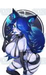  1girl ahoge animal_ears ass black_bra black_gloves blue_eyes blue_hair blue_skin blue_tail blue_tongue blush bra breasts chain collar colored_skin colored_tips colored_tongue elbow_gloves fingerless_gloves fishnet_pantyhose fishnets flaming_ears gloves hair_over_one_eye hip_tattoo huge_breasts indie_virtual_youtuber kaptivate long_hair looking_at_viewer multicolored_hair pantyhose scar scar_across_eye scar_on_face solo spiked_collar spikes spite_(vtuber) tail tattoo thick_thighs thighs underwear virtual_youtuber white_background wolf_ears wolf_girl wolf_tail 