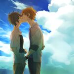  2boys blue_sky brown_hair brown_pants closed_eyes cloud collarbone commentary_request daiya_no_ace french_kiss from_side holding_another's_wrist kiss lowres male_focus miyuki_kazuya multiple_boys outdoors pants sawamura_eijun short_hair sky standing tan05 watch wristwatch yaoi 