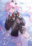  1girl absurdres air_bubble alternate_costume black_bow black_jacket blue_eyes blue_hair blush bow bubble camera colored_inner_hair commentary denia_(wuthering_waves) gloves hair_bow hair_intakes hair_spread_out highres hitsuki_(ruon) holding holding_camera jacket long_hair long_sleeves looking_at_viewer lying making-of_available multicolored_hair on_back open_mouth pink_hair pink_skirt purple_hair red_gloves skirt smile solo wuthering_waves 
