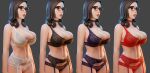 1girl 3d absurdres arms_at_sides ass black-framed_eyewear black_bra black_choker black_garter_belt black_garter_straps black_hair black_panties bra breasts bursting_breasts choker cleavage from_behind from_side garter_belt garter_straps glasses green_eyes grey_background happy_otter highres large_breasts lips long_hair navel original panties parted_lips purple_bra purple_garter_belt purple_garter_straps purple_panties red_bra red_choker red_garter_belt red_garter_straps red_lips red_panties simple_background solo teacher underwear white_bra white_choker white_garter_belt white_garter_straps white_panties wide_hips 
