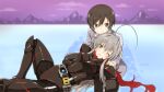  1boy 1girl ahoge armor black_armor blush brown_eyes brown_hair closed_mouth commentary_request foot_out_of_frame green_eyes grey_hair grey_jacket hair_between_eyes haiyore!_nyaruko-san hand_on_another's_shoulder hand_on_own_stomach huge_ahoge jacket kamen_rider knee_up long_hair long_sleeves looking_at_viewer lying nyarlathotep_(nyaruko-san) on_back one_eye_closed open_mouth outdoors purple_sky rider-tan rider_belt school_uniform short_hair sidelocks sky snow split_mouth sweatdrop v-shaped_eyebrows yasaka_mahiro yuto_(dialique) 