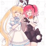  2girls ^_^ absurdres ahoge animal_ears artoria_caster_(fate) artoria_caster_(swimsuit_berserker)_(second_ascension)_(fate) artoria_pendragon_(fate) back_bow black_bow black_corset black_ribbon black_shorts blonde_hair bow chaldea_logo closed_eyes commentary corset cowboy_shot detached_sleeves dress fate/grand_order fate_(series) film_grain frilled_sleeves frills fujimaru_ritsuka_(female) fujimaru_ritsuka_(female)_(love_it) grid_background hair_ribbon heart heart_hands heart_hands_duo highres koromo_(osakana0525) long_hair multiple_girls one_side_up open_mouth puffy_sleeves rabbit rabbit_ears red_hair ribbon short_sleeves shorts simple_background smile white_background white_bow white_dress 