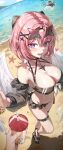 1girl 1other absurdres alternate_costume bad_id bad_twitter_id bangboo_(zenless_zone_zero) bare_shoulders belt bikini black_bikini black_shoes breasts bubble_tea cup detached_sleeves disposable_cup eous_(zenless_zone_zero) feathered_wings from_above hair_ornament highres holding holding_cup large_breasts long_sleeves looking_at_viewer lower_teeth_only luzzi_(milllim) medium_hair mole mole_on_breast navel open_mouth pink_hair pointy_ears purple_eyes remielle_dan sharkboo_(zenless_zone_zero) shoes solo_focus standing stomach swimsuit teeth thigh_belt thigh_strap white_wings wings zenless_zone_zero 