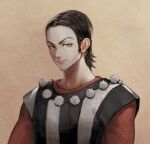  1boy alternate_hairstyle black_hair black_tunic brown_background closed_mouth commentary_request crew_neck cropped dragon_quest dragon_quest_xi grey_eyes highres jun_(navigavi) lips long_sleeves looking_at_viewer male_focus nose red_shirt shirt short_hair sideburns smirk solo sylvia_(dq11) tunic upper_body 