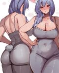 1girl absurdres alternate_costume animal_ears artist_name ass back bare_shoulders blue_hair blush braid braided_ponytail breasts cleavage closed_mouth collarbone covered_navel cowboy_shot dress extra_ears full-face_blush grey_dress hair_between_eyes hair_over_shoulder hand_on_own_hip highres hololive huge_breasts long_hair looking_at_viewer mature_female median_furrow meeko_illus mole mole_on_breast multiple_views pekomama rabbit_ears rabbit_girl rabbit_tail red_eyes ring_light_reflection short_eyebrows shoulder_blades simple_background skin_tight sleeveless sleeveless_dress standing tail thick_eyebrows twitter_username virtual_youtuber white_background 