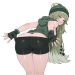  1girl absurdres adjusting_clothes adjusting_shorts ass bags_under_eyes beanie bike_shorts blush breasts caesar_(trickcal) commentary_request fingerless_gloves from_behind gloves green_eyes green_gloves green_hair green_hat green_hoodie grin hat highres hood hoodie korean_commentary long_hair looking_at_viewer mr_tangsuyuk narrowed_eyes naughty_face presenting_own_ass presenting_own_body sharp_teeth shorts sideboob simple_background sleeveless sleeveless_hoodie slit_pupils smile solo standing teeth thigh_gap thighs trickcal very_long_hair white_background 