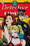  3girls armpits batman_(series) bell black_bodysuit black_hair blonde_hair blue_eyes bodysuit bra breasts catwoman cleavage closed_mouth collar comic_cover commentary cover cover_page dc_comics detective_comics earrings english_commentary eyeshadow faux_retro_artstyle goggles goggles_on_headwear green_eyes green_eyeshadow hair_ornament harley_quinn highres jewelry large_breasts leaf_clothing leaf_hair_ornament long_hair looking_at_viewer makeup multiple_girls neck_bell official_art orange-tinted_eyewear plant_clothing poison_ivy red_hair retro_artstyle signature sleeveless stanley_lau tinted_eyewear twintails underwear 