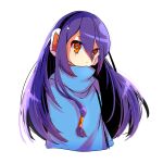  1girl absurdres alternate_hair_length_(longer) blue_cloak bright_pupils cloak closed_mouth commentary_request cropped_torso earmuffs hair_between_eyes hair_tubes highres konyak9konnya9 long_hair looking_at_viewer olympia_(sekaiju) orange_eyes purple_hair sekaiju_no_meikyuu sekaiju_no_meikyuu_3 simple_background single_hair_tube solo upper_body white_background white_pupils 