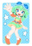  1girl absurdres ari_(ariarimofuri) belt blue-tinted_eyewear blue_background blue_belt blue_eyes blush bodysuit boots border deformed goggles goggles_on_head green_hair green_skirt green_tube_top gumi gumi_(sv) highres jacket looking_at_viewer open_bodysuit open_clothes orange_boots orange_jacket polka_dot polka_dot_background skirt solo star_(symbol) strapless synthesizer_v tinted_eyewear tube_top waving white_border 