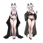  1girl ahoge alternate_breast_size_(larger) bare_shoulders beer_can black_bra black_horns black_nails black_panties black_robe black_shoes black_tail blush bra breasts can closed_mouth collarbone commentary_request curled_horns demon_tail drink_can earrings embroidered_bra embroidered_panties fingernails full_body groin hair_between_eyes hand_on_own_hip high_heels highres holding holding_can horns jewelry key_earrings large_breasts lingerie long_hair looking_at_viewer m_(1n910) merchandise_available mole mole_on_breast mole_under_eye multicolored_hair multiple_views nail_polish navel necklace panties parted_lips red_eyes robe shoes simple_background standing stomach streaked_hair tail thighs underwear underwear_only white_background white_bra white_hair white_panties wuthering_waves zani_(wuthering_waves) 