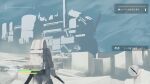  1other absurdres backpack bag coat commentary from_behind health_bar highres holding holding_knife kani_etizen03 knife original pants ruins scenery sky solo standing user_interface white_coat white_pants wide_shot 
