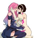  2girls alien_stage black_dress black_gloves black_hair black_thighhighs blood blood_on_clothes blood_on_neck blue_hair bob_cut clothing_cutout colored_blood commentary dress earrings elbow_gloves gloves gradient_hair hairband highres jewelry mizi_(alien_stage) multicolored_hair multiple_girls niso_oksnmn pink_blood pink_hair purple_eyes short_hair short_sleeves shoulder_cutout signature sitting strapless strapless_dress sua_(alien_stage) thighhighs white_dress white_gloves white_hairband yellow_eyes 