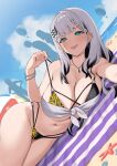  1girl :p aircraft aqua_eyes barbell_piercing beach bikini black_hair blue_sky braid braided_bangs breasts bright_pupils cleavage cloud colored_tips commentary commission day ear_piercing english_commentary grey_hair highres hololive hololive_indonesia hot_air_balloon industrial_piercing jewelry kangbus large_breasts long_hair looking_at_viewer lying multi-strapped_bikini_bottom multi-strapped_bikini_top multicolored_hair necklace o-ring o-ring_bikini on_side outdoors pavolia_reine piercing sky solo strap_lift swimsuit tongue tongue_out very_long_hair virtual_youtuber white_pupils 