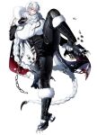  1girl absurdres bachikin_(kingyo155) bare_shoulders belt black_belt black_boots black_gloves black_pants boots braid breasts bright_pupils call_of_cthulhu chin_guard claw_(weapon) clawed_boots clenched_hand clothing_cutout colored_eyelashes commentary_request debris elbow_gloves fighting_stance fingerless_gloves full_body fur-trimmed_boots fur-trimmed_hood fur_trim fur_wrist_cuffs gloves hair_around_neck hair_between_eyes highres hip_vent hood hood_down huge_breasts japanese_clothes kamakura_koguma kimono knee_boots knee_pads knee_up leather leather_pants long_hair looking_ahead muscular muscular_female pants parted_lips print_kimono red_eyes red_scarf ribbed_gloves scar scar_across_eye scar_on_arm scar_on_cheek scar_on_face scar_on_forehead scar_on_mouth scar_on_nose scarf shiki_okuri shippou_(pattern) simple_background single_braid sleeveless sleeveless_kimono slit_pupils snowflake_print solo standing standing_on_one_leg tiptoes tooth_hair_ornament underbust very_long_hair wallet_chain weapon white_background white_eyelashes white_hair white_hood white_kimono white_pupils white_scarf wrist_cuffs yukiwa_(pattern) 
