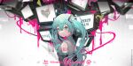  1girl absurdres blue_eyes blue_hair blue_trim closed_mouth collared_shirt dated detached_sleeves eyelashes grey_shirt hair_between_eyes hatsune_miku headset highres long_hair long_sleeves looking_at_viewer makeup moriyama_meiko number_tattoo rouge_(makeup) shirt shoulder_tattoo sidelocks smile solo tattoo tears television twintails unknown_mother_goose_(vocaloid) upper_body very_long_hair vocaloid 