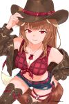  1girl absurdres alternate_breast_size_(larger) alternate_costume animal_ears belt boots breasts brown_jacket cleavage cowboy_hat cowgirl_(western) denim denim_shorts diagada fang fluffy_tail hand_on_own_hip hat hat_tip highres holo jacket looking_at_viewer neck_pouch o-ring o-ring_thigh_strap red_belt red_eyes red_nails shorts simple_background smile solo spice_and_wolf tail thigh_boots thigh_strap twitter_username white_background wolf_ears wolf_girl wolf_tail 