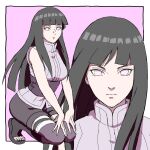  1girl black_boots black_hair black_shorts boots border closed_mouth highres hyuuga_hinata long_hair looking_at_viewer multiple_views naruto:_the_last naruto_(series) no_pupils open-toe_boots outside_border purple_background purple_hair purple_shirt shirt shorts sleeveless sleeveless_shirt uri_geikon white_border 