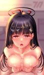  1boy 1girl black_hair blue_archive blunt_bangs blurry blurry_background blush breasts breasts_squeezed_together cleavage collarbone commentary_request completely_nude cum cum_on_body cum_on_breasts cum_on_hair facial hair_ornament hairclip halo highres hikaru_310 large_breasts logo_hair_ornament long_hair looking_at_viewer millennium_science_school_logo nipples nude open_mouth paid_reward_available paizuri pov pov_crotch ringed_eyes rio_(blue_archive) solo_focus variant_set 