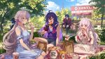 1boy 3girls ahoge bad_source black_gloves black_hair blue_dress blue_eyes bronya_rand chicken_(food) clara_(honkai:_star_rail) clothing_cutout commentary_request dress drink earrings eating food french_fries fried_chicken gloves grey_eyes grey_hair haekchi half_updo highres holding holding_food honkai:_star_rail honkai_(series) jacket jewelry long_hair multiple_girls on_bench on_ground outdoors picnic red_jacket rostic's russian_commentary sampo_koski seele_(honkai:_star_rail) shoulder_cutout sitting tree white_dress white_hair 