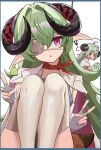  2girls commentary_request double_v elbow_gloves eyepatch fingerless_gloves garter_straps gloves goat_girl goat_horns green_hair highres horns iroi_(nte) looking_at_viewer multiple_girls neverness_to_everness open_mouth purple_eyes solo thighhighs v white_garter_straps white_gloves white_thighhighs yame_pi 