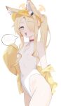  1girl above-cleavage_cutout absurdres animal_ear_fluff animal_ears blue_archive clothing_cutout commentary_request cosplay cross_halo diamond_cutout extra_ears fox_ears fox_girl g_ramper halo highleg highleg_one-piece_swimsuit highres jacket one-piece_swimsuit orange-tinted_eyewear seia_(blue_archive) seia_(blue_archive)_(cosplay) seia_(swimsuit)_(blue_archive) sunglasses swimsuit tea_party_(blue_archive) tinted_eyewear visor_cap white_one-piece_swimsuit yellow_halo yellow_jacket yellow_visor_cap 