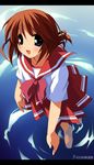  blue_eyes blush brown_hair eyebrows_visible_through_hair folded_ponytail kantoku komaki_manaka letterboxed looking_at_viewer looking_up open_mouth pleated_skirt red_skirt school_uniform serafuku short_hair short_sleeves skirt smile solo standing to_heart_2 wading water 