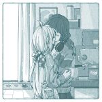  2girls ahoge bocchi_the_rock! bow closed_eyes commentary_request cup curtains espresso_machine greyscale hair_bow hand_on_another's_waist headphones headphones_around_neck holding holding_cup ijichi_nijika indoors kiss long_hair mole mole_under_eye monochrome moriinakasa multiple_girls short_hair sweater yamada_ryo yuri 