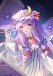  1girl absurdres blue_bow book bow capelet chinese_commentary commentary_request crescent crescent_hat_ornament dress gan_cao_xuan_mi_su grimoire hair_bow hat hat_ornament highres long_hair looking_at_viewer magic_circle mob_cap multiple_hair_bows open_mouth patchouli_knowledge pink_capelet pink_hat purple_eyes purple_hair red_bow smile solo striped_clothes striped_dress teeth touhou upper_teeth_only vertical-striped_clothes vertical-striped_dress very_long_hair white_dress 