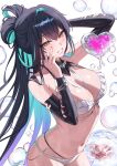 1girl absurdres air_bubble aqua_hair bikini black_hair breasts bubble cleavage commentary goddess_of_victory:_nikke heart_bubbles highres katrinabluuuuu large_breasts little_mermaid_(nikke) little_mermaid_(shell_princess)_(nikke) long_hair multicolored_hair navel official_alternate_costume simple_background smile solo stomach swimsuit two-tone_hair very_long_hair white_background white_bikini yellow_eyes 