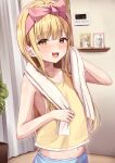  1girl armpit_crease bare_arms blonde_hair blue_pants blush bow collarbone commentary_request curtains dripping drying drying_hair drying_own_hair facing_to_the_side fang flat_chest fujita_kotone gakuen_idolmaster hair_between_eyes hair_bow hand_up idolmaster long_hair looking_at_viewer midriff_peek minazuki_(uraha246) navel open_mouth pants picture_frame pink_bow plant potted_plant producer_(idolmaster) shelf skin_fang sleeveless tank_top thermostat towel towel_around_neck yellow_eyes yellow_tank_top 