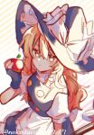  1girl apple apron back_bow black_gloves black_hat black_skirt black_vest blonde_hair blush bow braid broom closed_mouth commentary diagonal-striped_background fingerless_gloves food fruit gloves hair_bow hat hat_bow holding holding_broom holding_food holding_fruit kirisame_marisa long_hair nekodaisuki3737 puffy_short_sleeves puffy_sleeves short_sleeves side_braid single_braid skirt solo striped_background touhou twitter_username very_long_hair vest waist_apron white_apron white_bow witch_hat yellow_eyes 