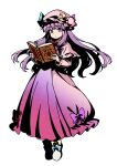  1girl absurdres blue_bow book boots bow commentary_request crescent crescent_hat_ornament dress floating footwear_bow full_body grimoire hat hat_ornament high_contrast highres holding holding_book limone_illust long_hair mob_cap open_book patchouli_knowledge pink_dress pink_hat purple_eyes purple_hair simple_background solo tachi-e touhou very_long_hair white_background white_boots yellow_bow 