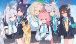  6+girls absurdres ahoge alt_text animal_ear_fluff animal_ears aqua_halo arm_around_shoulder armband ayane_(blue_archive) black_gloves black_hair black_skirt blonde_hair blue_archive blue_armband blue_eyes blue_halo blue_jacket blue_necktie blue_scarf blue_sky breasts cardigan cat_ears cat_girl cheek_squash cloud commentary corrupted_halo cross_hair_ornament dress_shirt extra_ears fingerless_gloves foreclosure_task_force_(blue_archive) glasses gloves green_eyes grey_hair hair_between_eyes hair_ornament hair_rings halo hand_on_another's_head highres holding_portrait hoshino_(blue_archive) hoshino_(first_year)_(blue_archive) id_card impossible_clothes impossible_shirt jacket je_o_mo korean_commentary lanyard large_breasts long_hair long_sleeves medium_hair miniskirt mismatched_pupils multiple_girls necktie nonomi_(blue_archive) one_eye_closed pink_hair pink_halo plaid_clothes plaid_skirt pointy_ears red-framed_eyewear red_halo scarf school_uniform serika_(blue_archive) shiroko_(blue_archive) shiroko_terror_(blue_archive) shirt short_hair short_sleeves single_hair_ring skirt sky smile v very_long_hair white_shirt wolf_ears wolf_girl yellow_cardigan yellow_eyes yume_(blue_archive) 