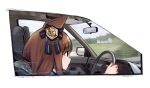  1girl animal_ears balladeluce brown_hair car car_interior commentary_request driving ear_ornament from_side grass_wonder_(umamusume) highres honda honda_civic horse_ears horse_girl motor_vehicle rear-view_mirror solo steering_wheel umamusume 