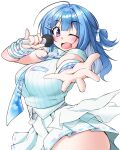  1girl :d ;d absurdres ahoge alternate_breast_size_(larger) ass belt blue_hair blue_necktie blunt_bangs blush breasts collared_shirt commentary_request cowboy_shot curvy double-parted_bangs grey_belt hair_intakes hair_ornament hairclip hands_up highres holding holding_microphone huge_ass large_breasts long_hair looking_at_viewer mekpark microphone miniskirt necktie one_eye_closed one_side_up oosono_chaka open_mouth outstretched_hand pink_eyes pinstripe_pattern pinstripe_shirt pleated_skirt rumigaki_rirara shirt shirt_tucked_in short_sleeves simple_background skirt smile solo tie_clip virtual_youtuber white_background white_shirt white_skirt wide_hips 