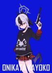  1girl absurdres bare_legs black_choker black_hair black_hoodie black_horns black_wings blue_archive blue_background character_name choker closed_mouth commentary_request cowboy_shot grey_halo gun h&amp;k_p30 hair_between_eyes halo hand_in_pocket handgun highres holding holding_weapon hood hoodie horns kayoko_(blue_archive) looking_at_viewer multicolored_hair plaid_clothes plaid_skirt ponytail red_eyes red_skirt sidelocks simple_background single_wing skirt solo two-tone_hair user_vwps3352 weapon white_hair wings 