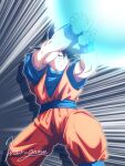  1boy black_eyes black_hair clenched_teeth commentary_request dougi dragon_ball dragon_ball_z energy_beam fingernails grey_background highres kamehameha_(dragon_ball) male_focus motion_lines muscular muscular_male orange_pants orange_shirt pants shirt signature solo son_goku spiked_hair standing teeth v wargame_59 wristband 