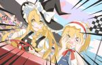  >_< 6+girls absurdres alice_margatroid black_hat black_vest blonde_hair blue_dress blush bow braid capelet chinese_commentary cirno commentary_request dress driving flandre_scarlet frilled_hairband frills gan_cao_xuan_mi_su hair_bow hairband hakurei_reimu hat hat_bow highres hong_meiling ibuki_suika inaba_tewi izayoi_sakuya kana_anaberal kirisame_marisa koakuma kochiya_sanae lily_white long_hair multiple_girls mystia_lorelei open_mouth patchouli_knowledge puffy_short_sleeves puffy_sleeves red_hairband remilia_scarlet saigyouji_yuyuko short_sleeves side_braid single_braid steering_wheel touhou touhou_(pc-98) vest white_bow white_capelet witch_hat wriggle_nightbug yellow_eyes 