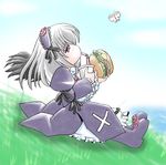  bug butterfly chibi dress drinking food hairband hamburger imai_kazunari insect long_hair long_sleeves red_eyes rozen_maiden silver_hair sitting solo suigintou wings 