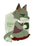  1boy animal_crossing brown_sweater closed_eyes closed_mouth commentary_request cup dobie_(animal_crossing) full_body furry furry_male holding holding_cup kneeling outline pillow shirt simple_background sleeveless snowangel_(artist) solo sweater white_outline white_shirt wolf_boy yunomi 
