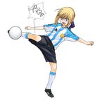  a1 adidas argentina artoria_pendragon_(all) ball blonde_hair clothes_writing fate/stay_night fate_(series) green_eyes kicking playing_sports saber soccer soccer_ball solo sport white_soccer_ball 