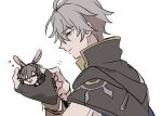  2boys =_= antenna_hair black_gloves black_jacket black_shirt blue_cape blue_eyes blush caelus_(honkai:_star_rail) cape closed_eyes closed_mouth coat collared_shirt drooling fingerless_gloves fingernails from_side gloves grey_hair hair_between_eyes hands_up high_collar holding honkai:_star_rail honkai_(series) jacket long_sleeves looking_at_another looking_down male_focus mini_person miniboy multiple_boys open_mouth phainon_(honkai:_star_rail) pox211x shirt short_hair simple_background single_glove sleeping smile solo_focus trailblazer_(honkai:_star_rail) upper_body white_background white_coat yaoi 