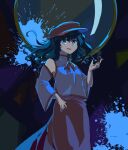  1girl :d absurdres black_hair blue_eyes chinese_commentary commentary_request cowboy_shot dolls_in_pseudo_paradise floating_hair hat hat_ornament highres holding holding_smoking_pipe label_girl_(dipp) long_hair looking_at_viewer luhua_xiedai neck_ribbon open_mouth red_hat red_ribbon red_skirt ribbon shirt short_sleeves skirt smile smoke smoking_pipe solo splatter star_(symbol) star_hat_ornament touhou white_shirt 