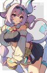  1girl :o animal_ears asymmetrical_legwear bare_shoulders black_shirt black_skirt blue_streaks blurry blush border braid breasts bright_pupils commentary_request cow_ears cow_girl cow_horns cow_tail cowboy_shot crop_top cropped_shirt crossed_bangs depth_of_field detached_sleeves double-parted_bangs food genshin_impact grey_background hair_between_eyes hair_intakes highres holding holding_food holding_sandwich horns long_hair long_sleeves midriff miniskirt multicolored_hair navel notice_lines open_mouth outside_border pink_hair pleated_skirt purple_eyes sandwich shirt sidelocks simple_background single_braid single_sock single_thighhigh skirt sleeveless sleeveless_shirt socks solo streaked_hair tail tetenka thighhighs twitter_username uneven_legwear varesa_(genshin_impact) white_border white_pupils white_sleeves white_socks white_thighhighs 