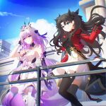  2girls absurdres bare_shoulders black_hair black_shirt black_thighhighs black_tiara blue_eyes breasts bug butterfly butterfly_earrings butterfly_ornament castorice_(honkai:_star_rail) chinese_commentary chrysos_heirs_(honkai:_star_rail) closed_mouth commentary_request dress earrings fate/stay_night fate_(series) flower gloves hair_between_eyes hair_flower hair_ornament highres honkai:_star_rail honkai_(series) jacket jewelry legwear_cutout liangji_uu long_hair memosprite multiple_girls pantyhose pointy_ears purple_butterfly purple_eyes purple_gloves purple_hair red_jacket shirt skirt smile thighhighs tiara tohsaka_rin twintails white_dress white_hair white_skirt white_thighhighs 